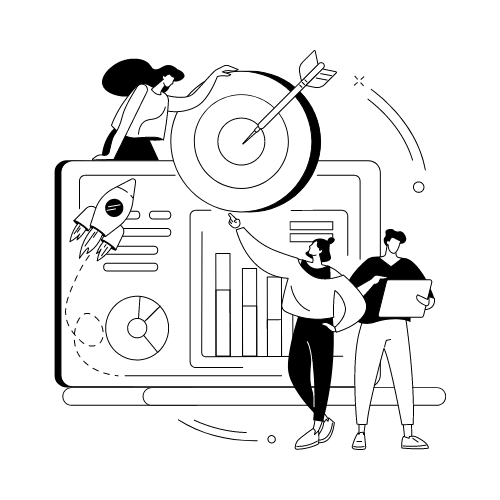 Line drawing of people designing a website with an arrow hitting the bull's-eye